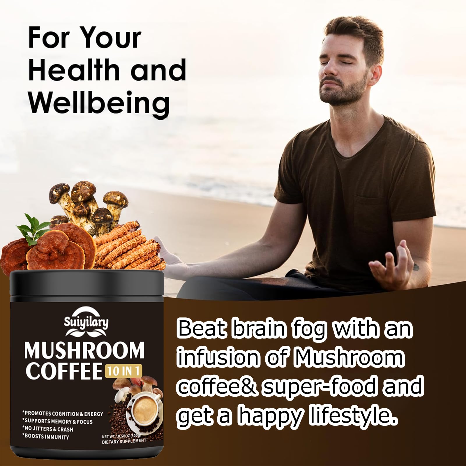Suiyilary Mushroom Coffee spoon measure shows 5g serving for daily boosts