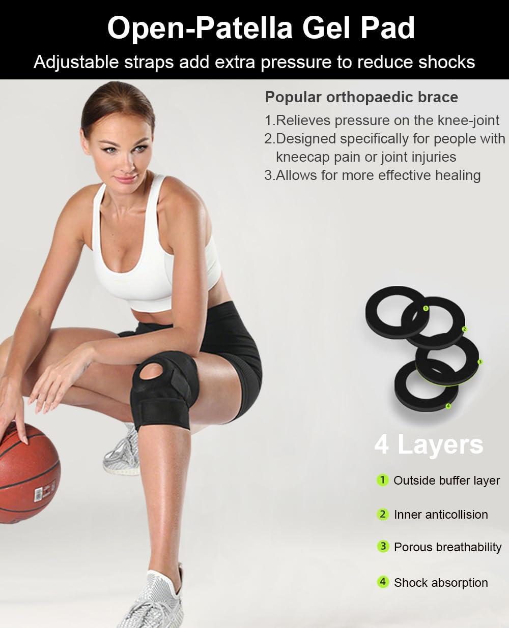 SUJAYU knee brace with three adjustable straps concentrates pressure on painful areas.