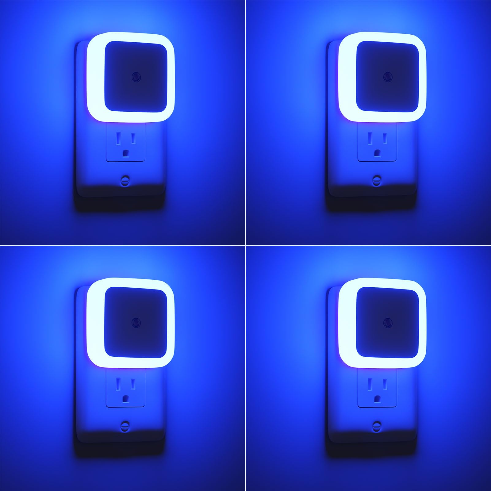Sujeet blue night light on wall provides gentle illumination for safe steps.