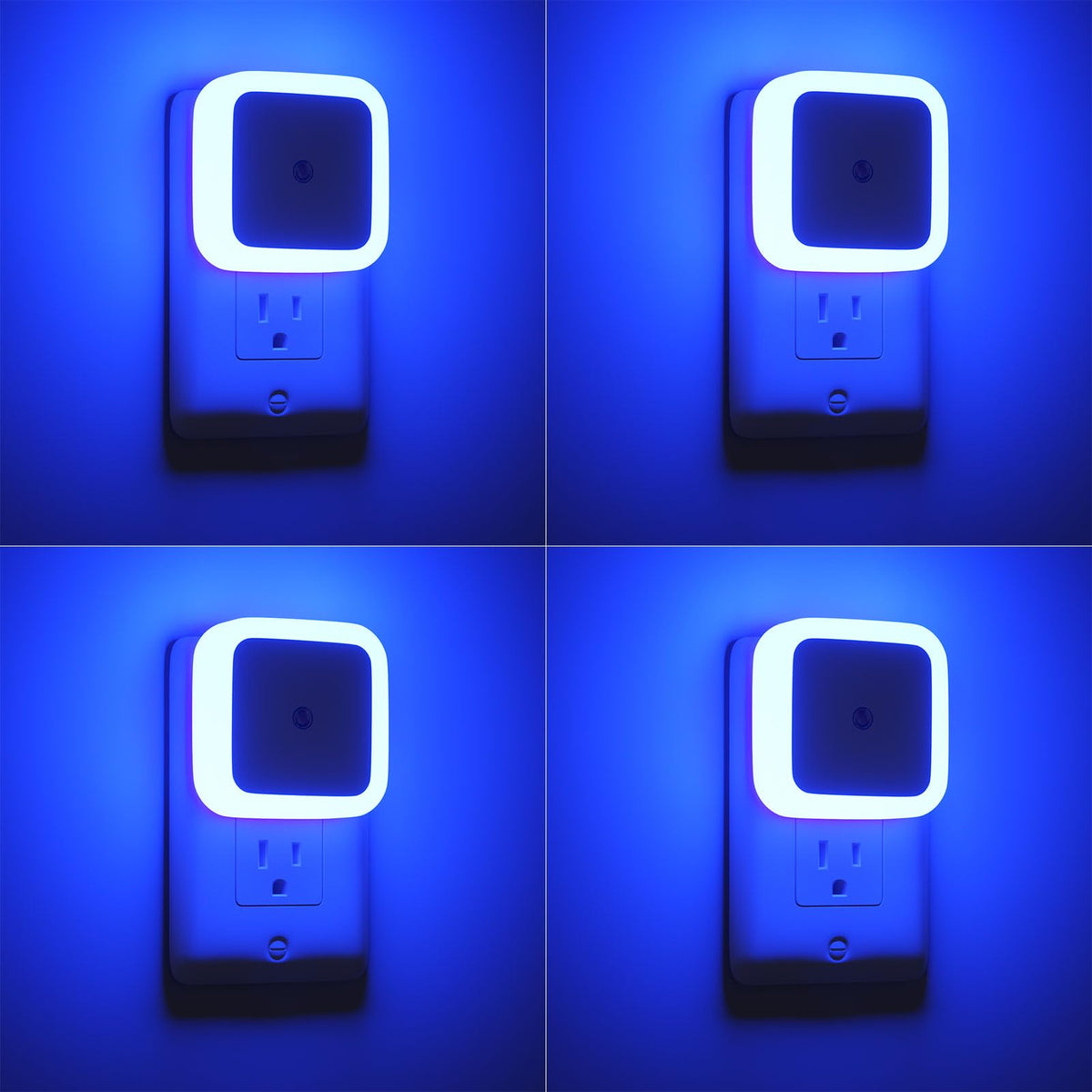 Sujeet blue night light on wall provides gentle illumination for safe steps.