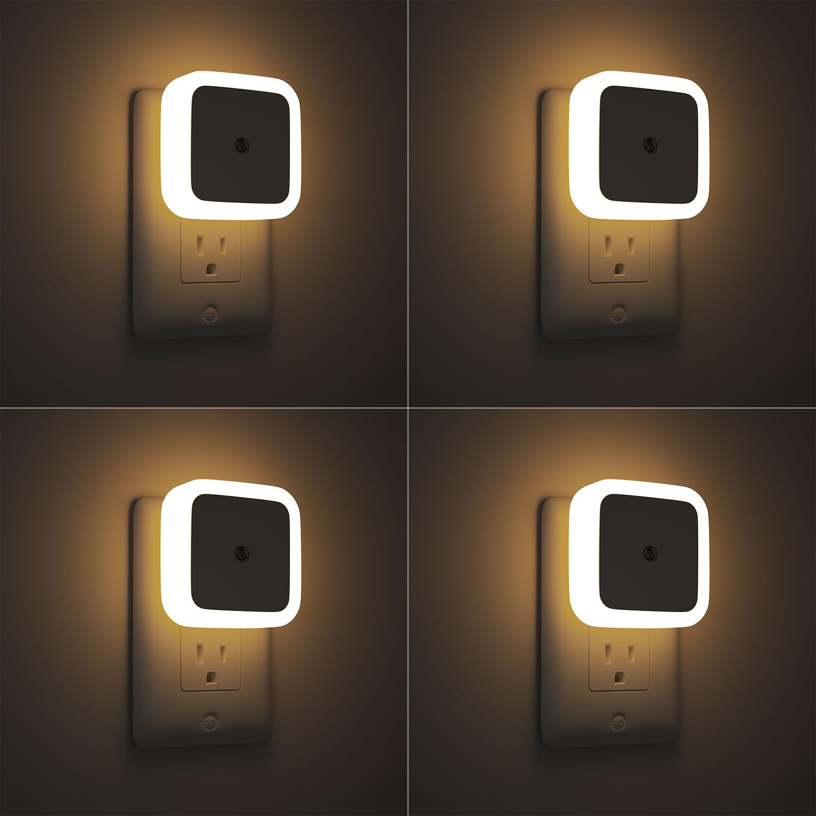 Sujeet Night Light 4-pack plugged in to wall outlet for soft hallway illumination