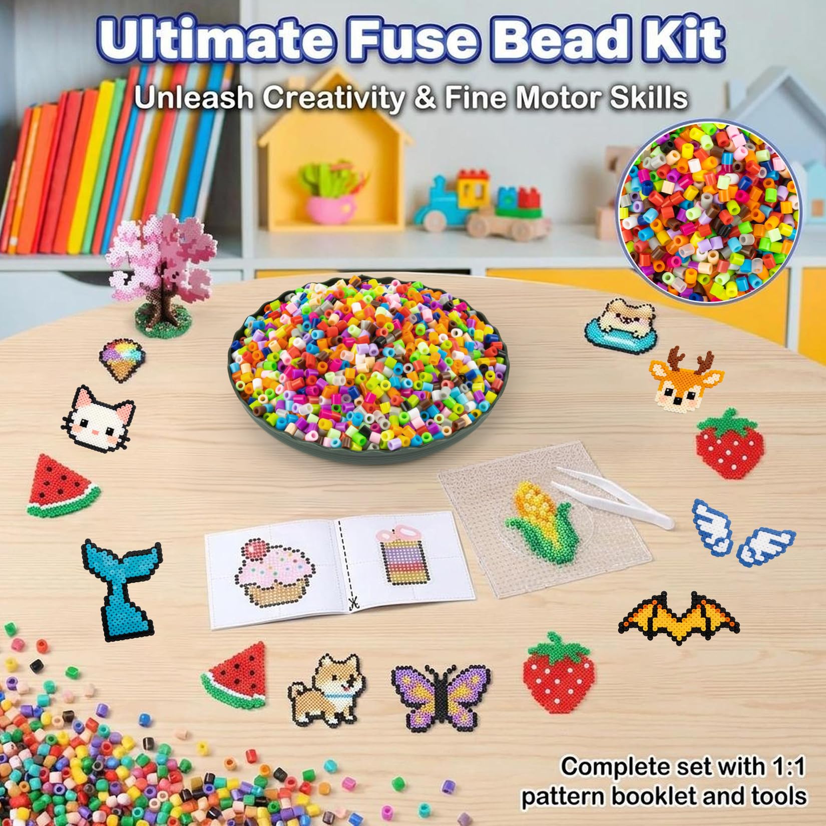 Sukh fuse beads kit arranged for a kid-friendly crafting setup
