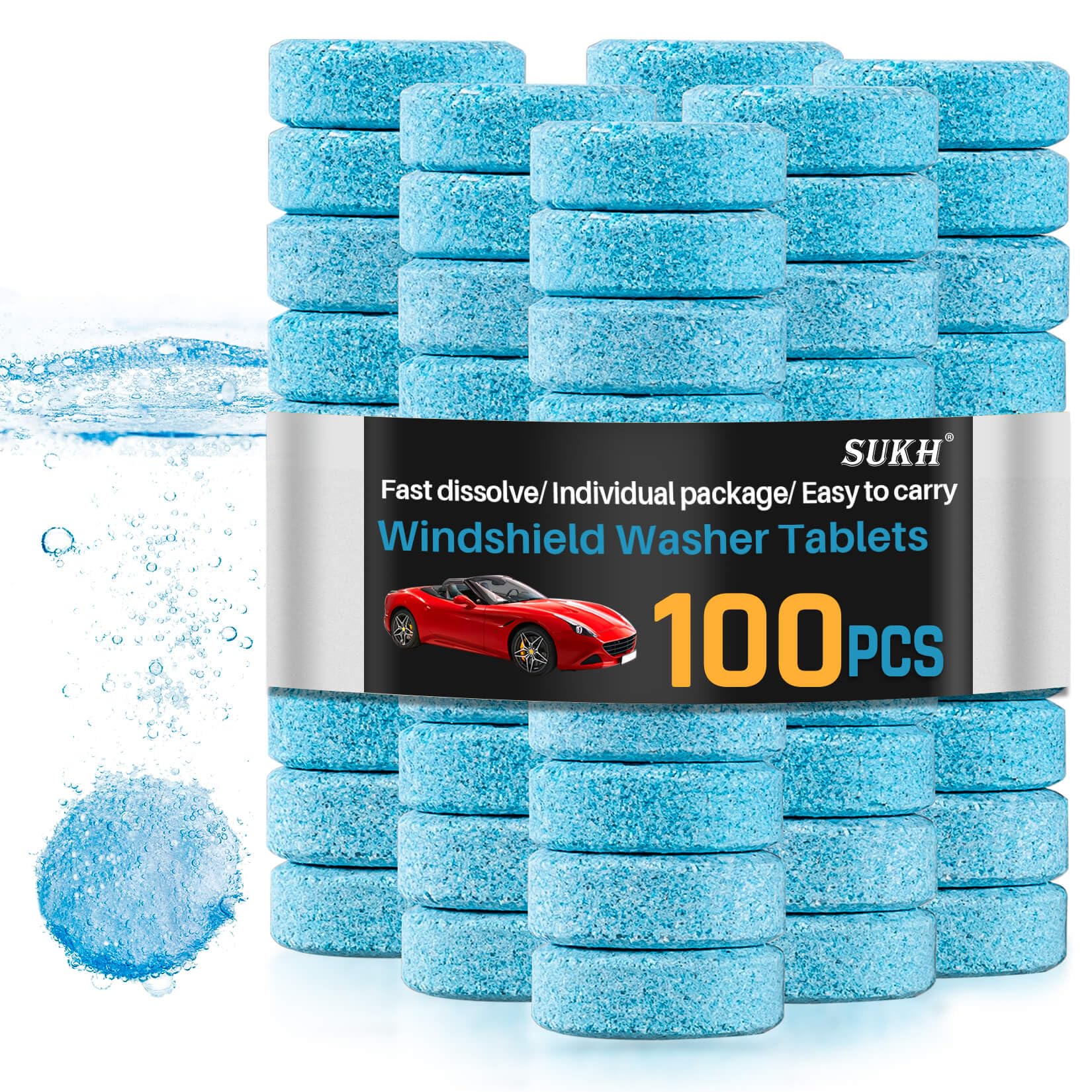 Sukh windshield washer tablet dissolving in water for quick car glass cleaning