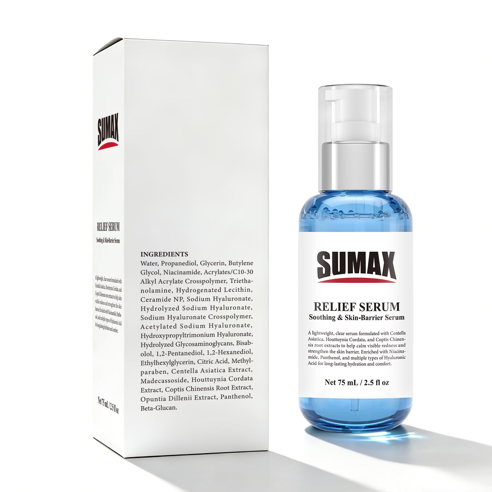 Sumax Relief Serum in hand ready for daily skincare routine.
