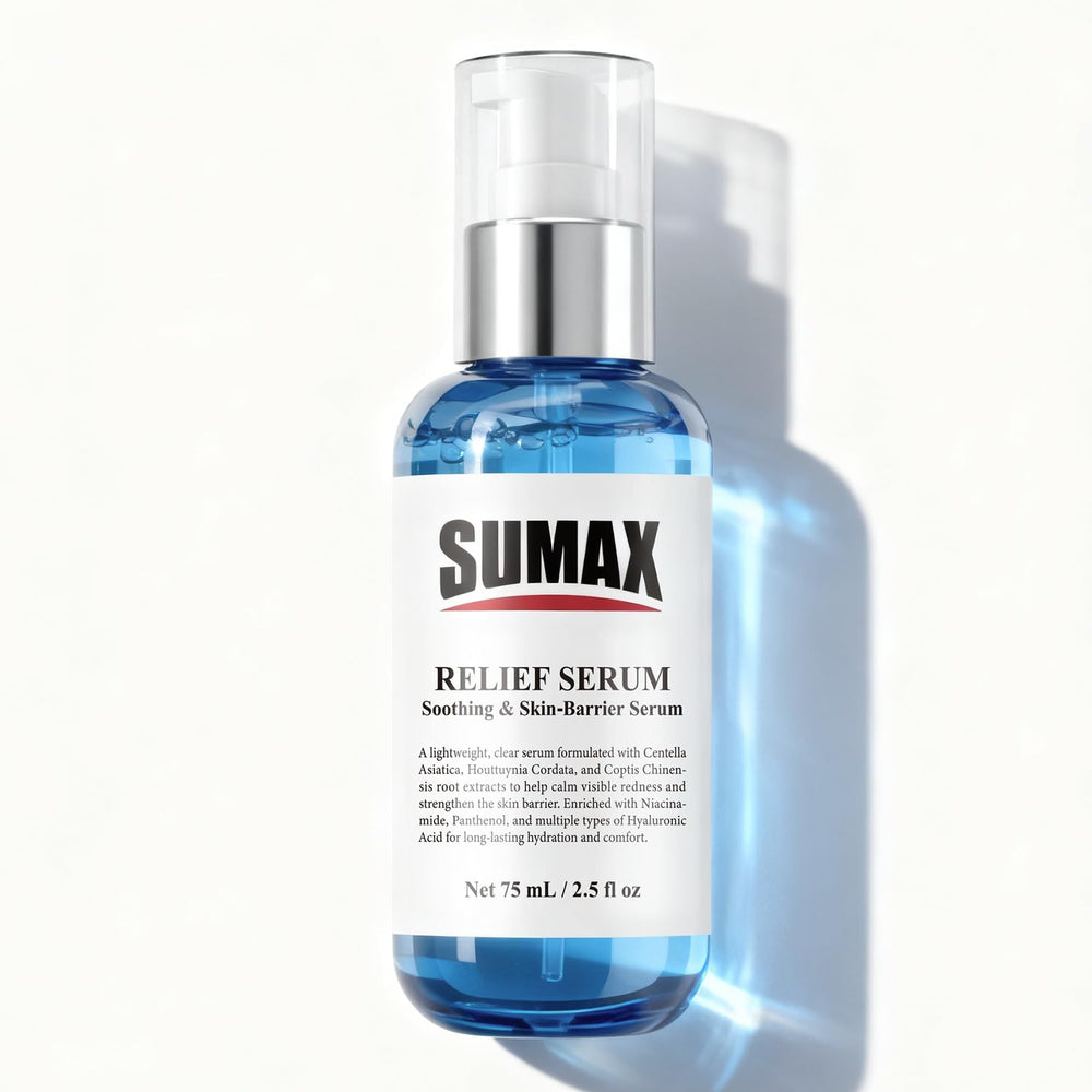 Sumax Relief Serum bottle on a clean surface for daily hydration.