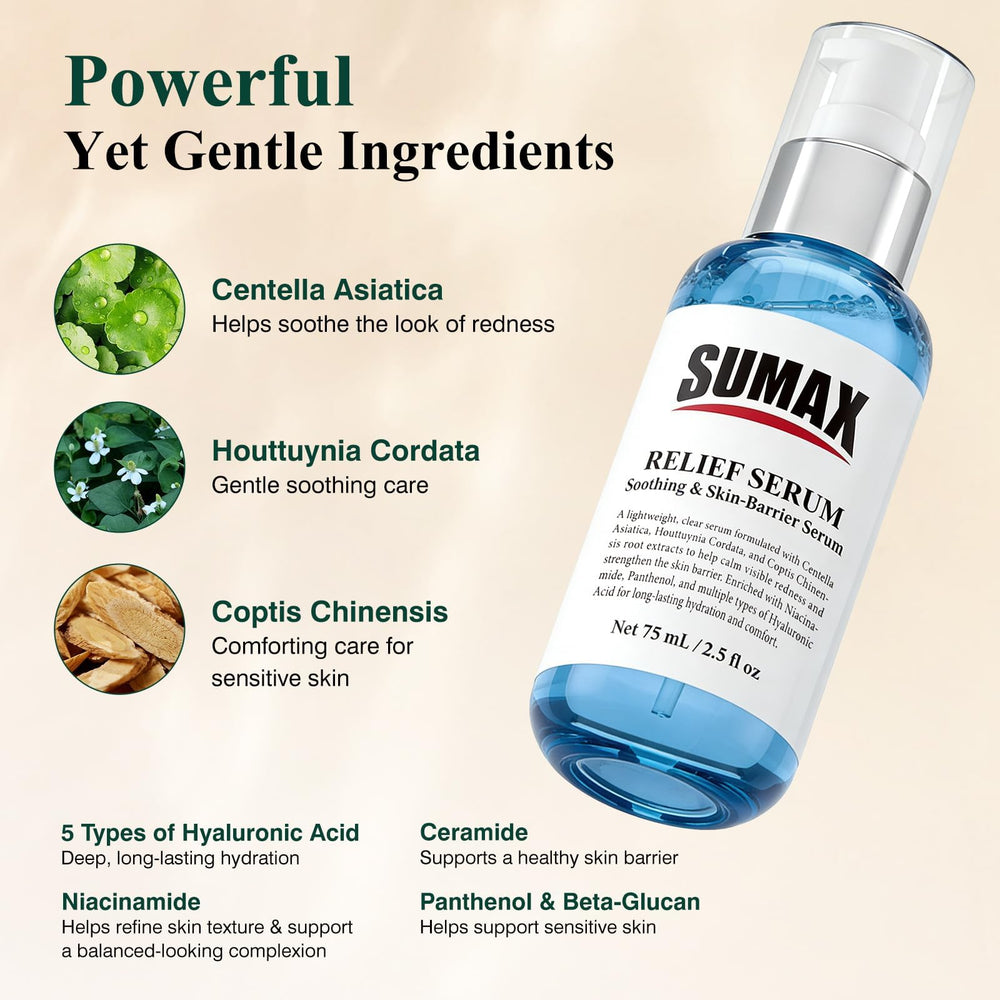 Sumax Relief Serum Centella focus highlights soothing plant-based support.