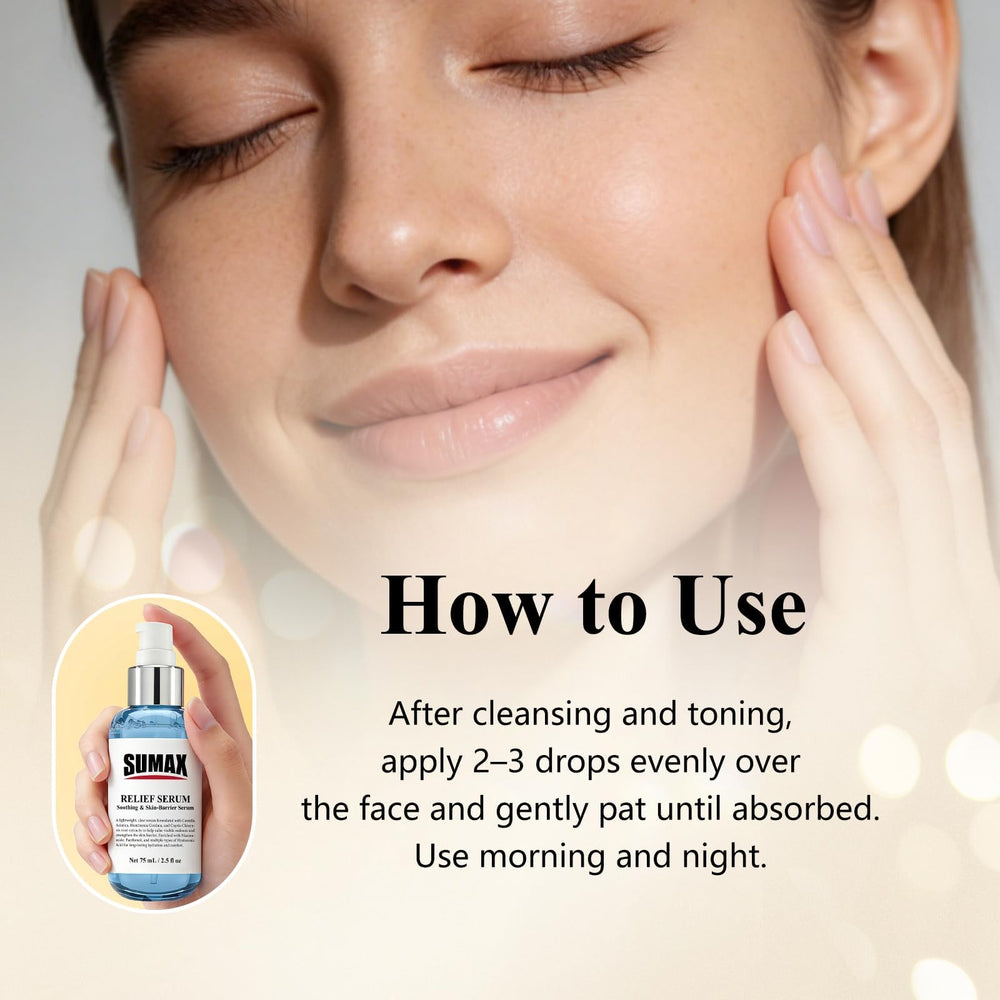 Sumax Relief Serum morning routine with toner and moisturizer.