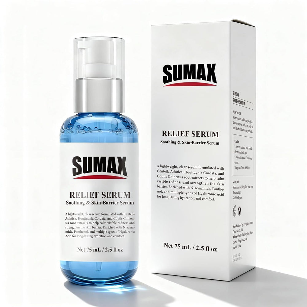 Sumax Relief Serum being applied before sunscreen in morning routine.
