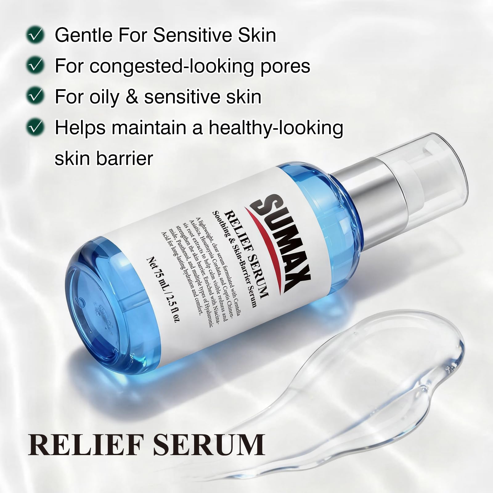 Sumax Relief Serum watery texture close-up ready to absorb on sensitive skin.
