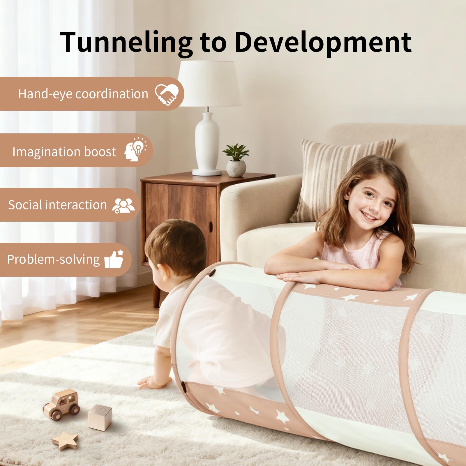 Sumbababy tunnel in indoor use supports active exploration and motor play.