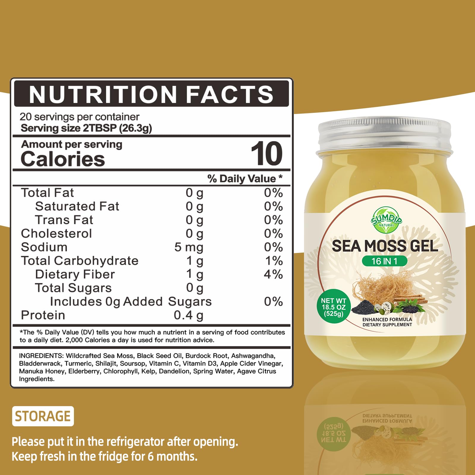 SumDIP Sea Moss Gel ingredients blend highlighting wildcrafted Irish moss and botanicals.