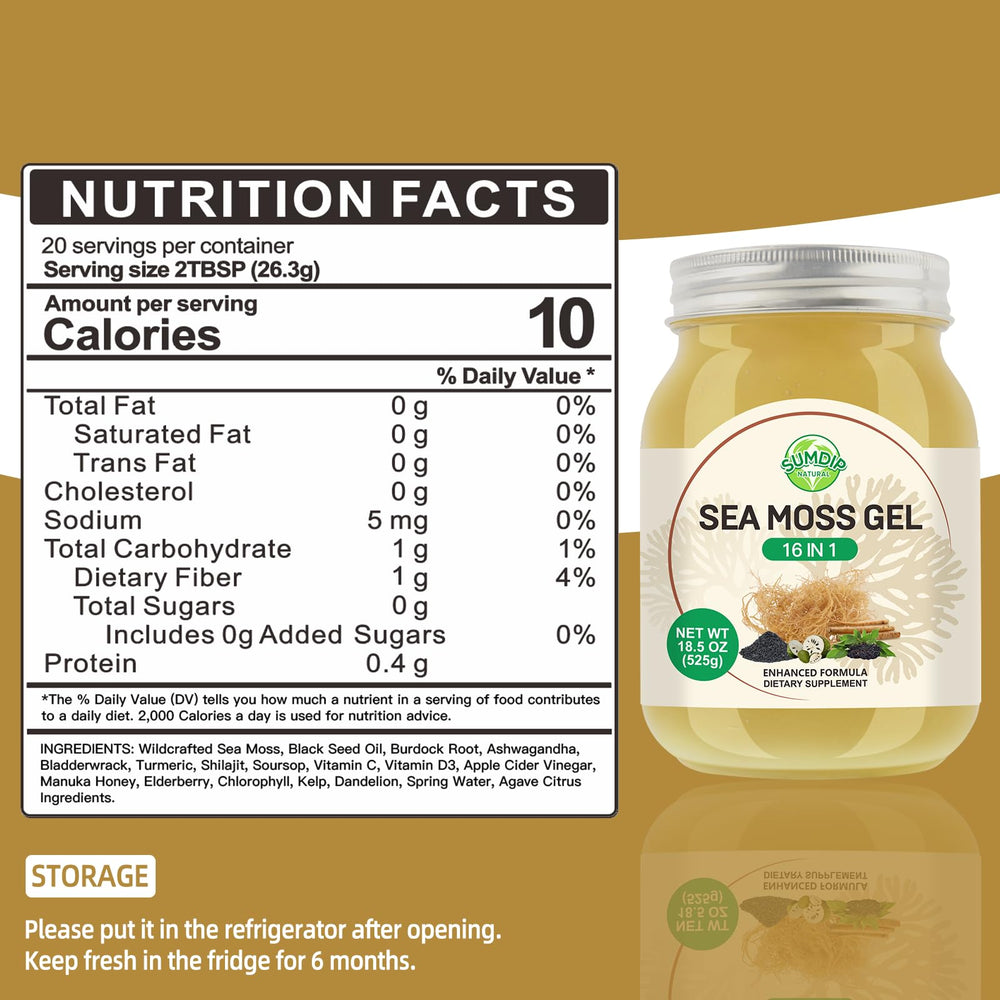SumDIP Sea Moss Gel ingredients blend highlighting wildcrafted Irish moss and botanicals.