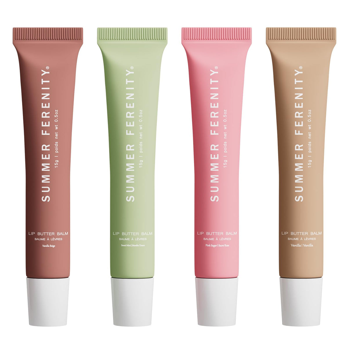 Summer Ferenity lip balm pack front view with four hydrating balms for daily use