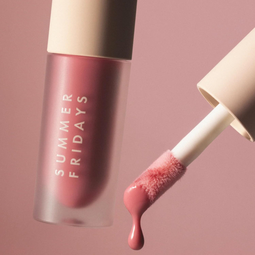 Summer Fridays Dream Lip Oil Rose Bud applicator image highlights layering for lip dimension.