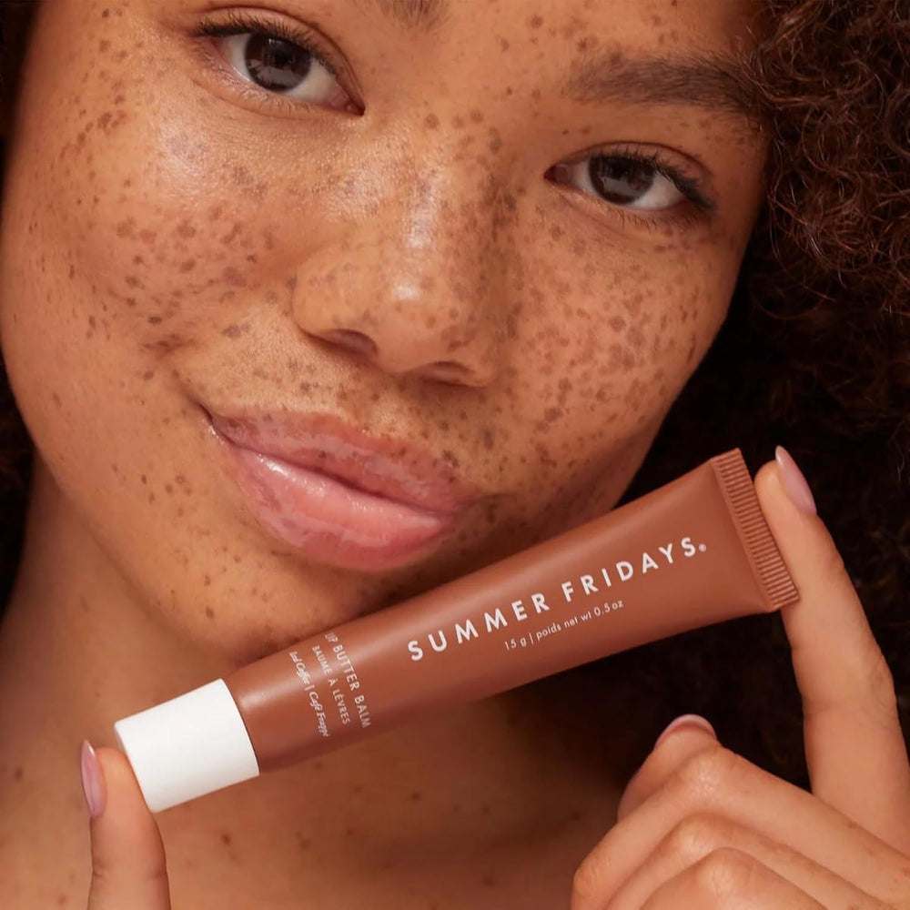 Summer Fridays healthy looking lips after application with visible moisture and a gentle tint.