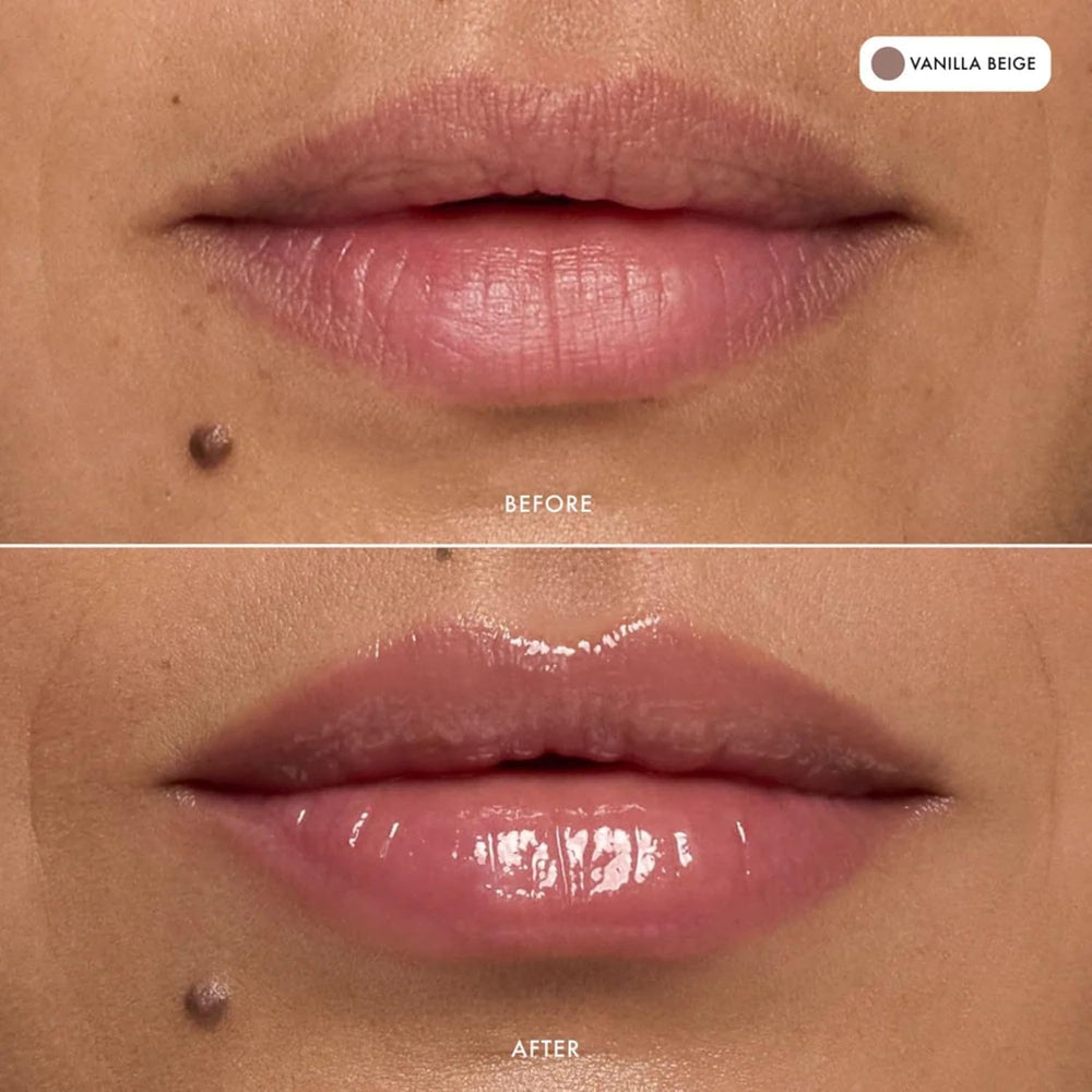 Summer Fridays Lip Butter Vanilla Beige closeup showing wearable tint and moisture.