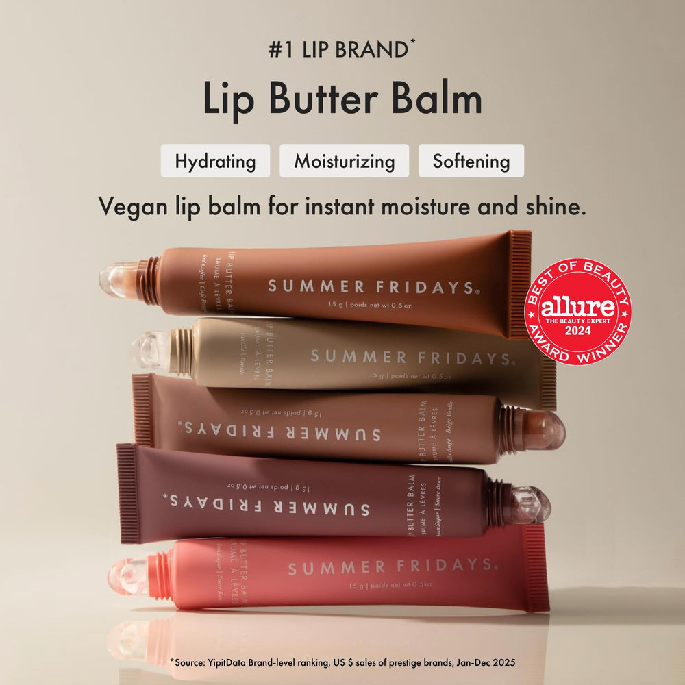 Summer Fridays Tinted Lip Butter Poppy packaging highlights vegan conditioning formula