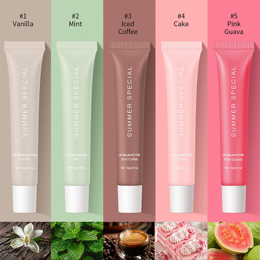 5-Color Summer Special Lip Balm Cake Glittery Pink bottle adds a playful glow while nourishing lips.