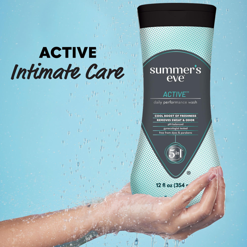 Summer’s Eve Active bottle label—gynecologist-tested, gentle formula for sensitive skin.
