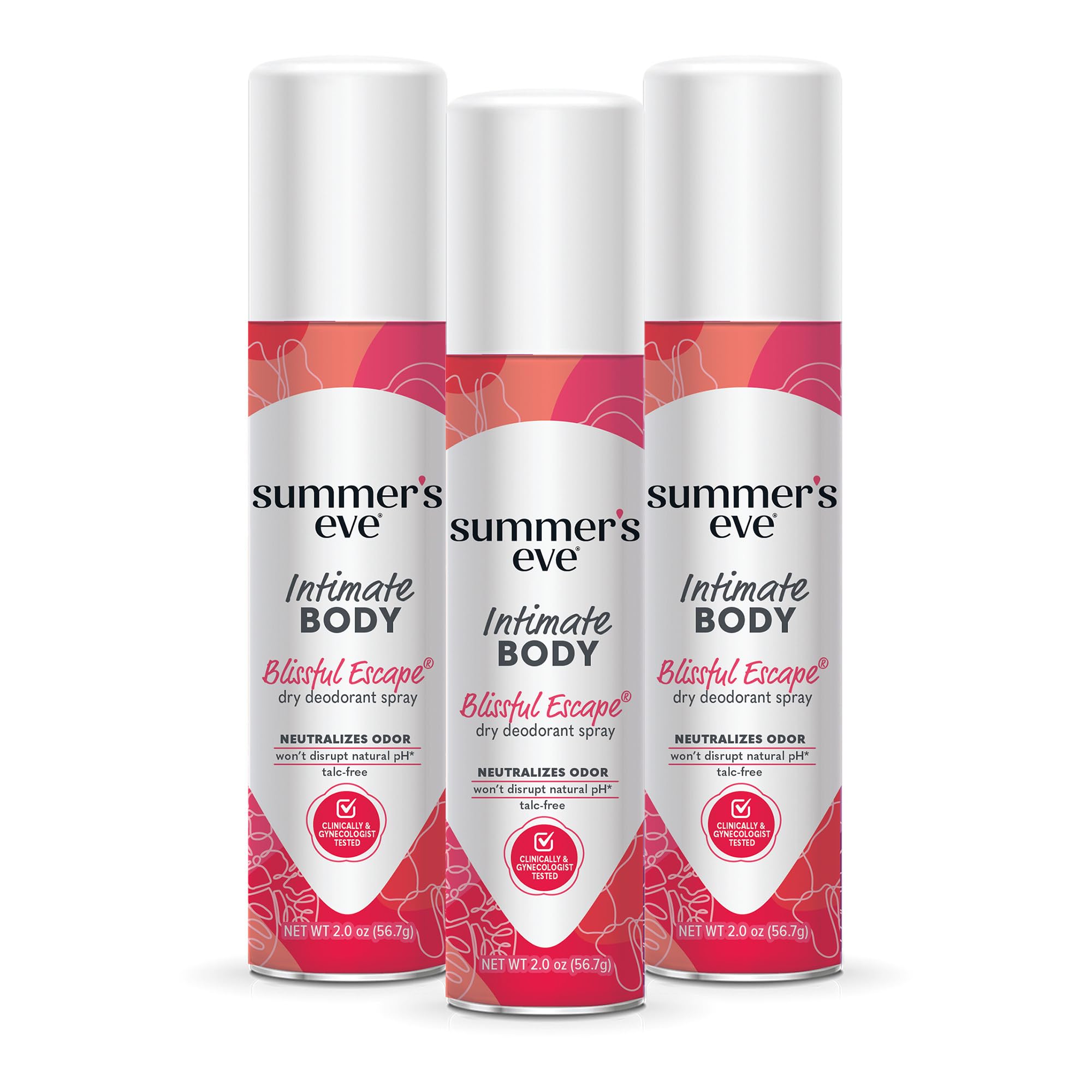 Summer's Eve Blissful Escape spray bottle front view highlighting talc-free formula for daily freshness.