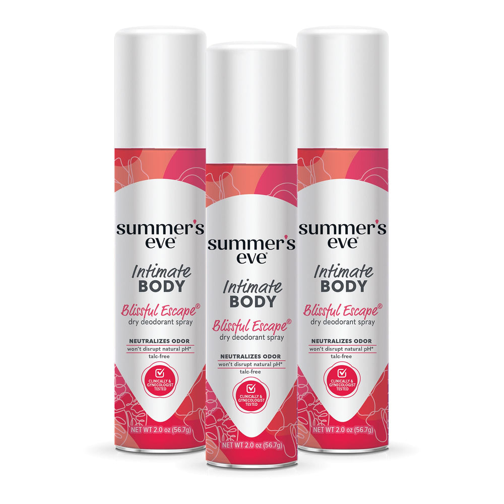 Summer's Eve Blissful Escape spray bottle front view highlighting talc-free formula for daily freshness.