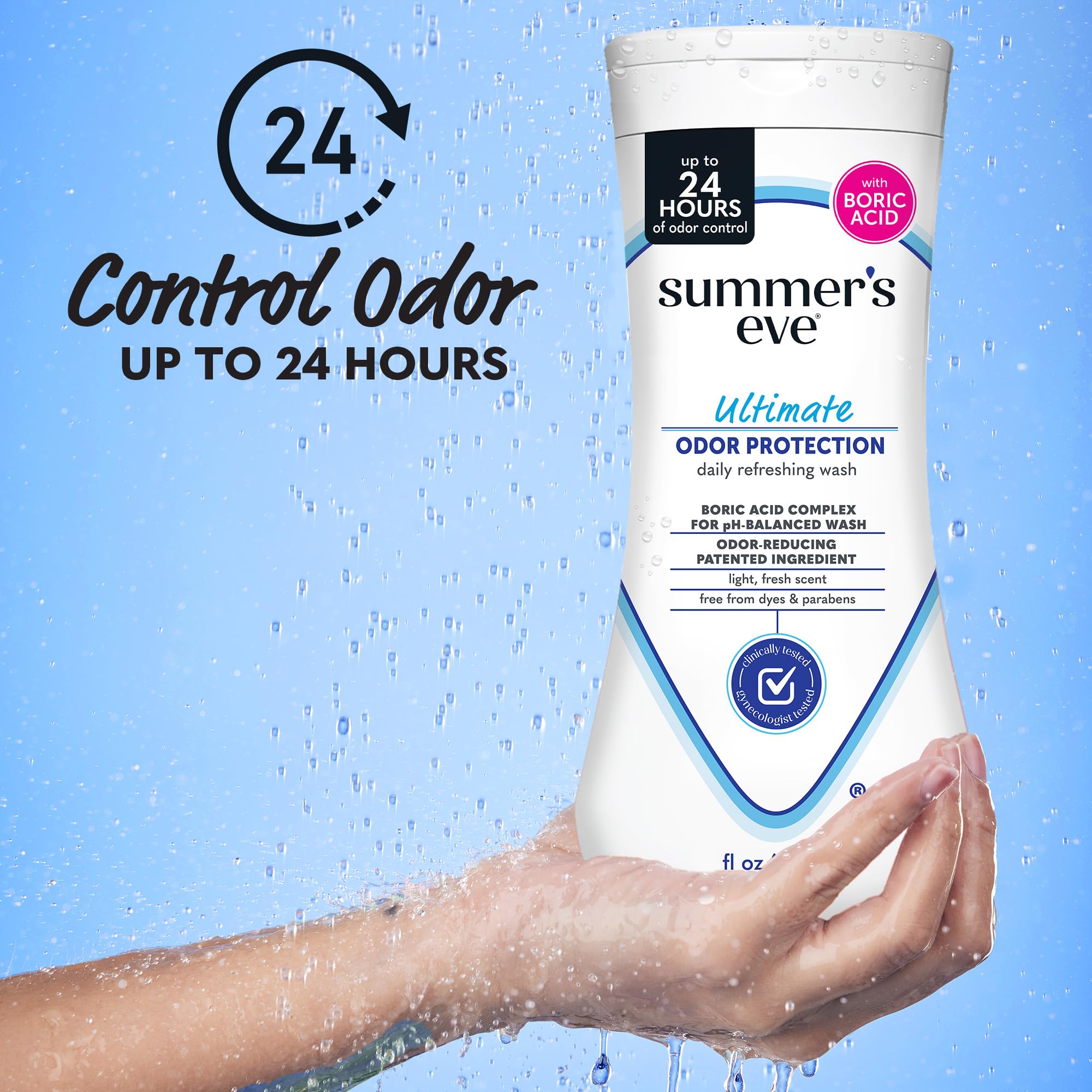 Summer's Eve label close-up showing boric acid formula for odor control
