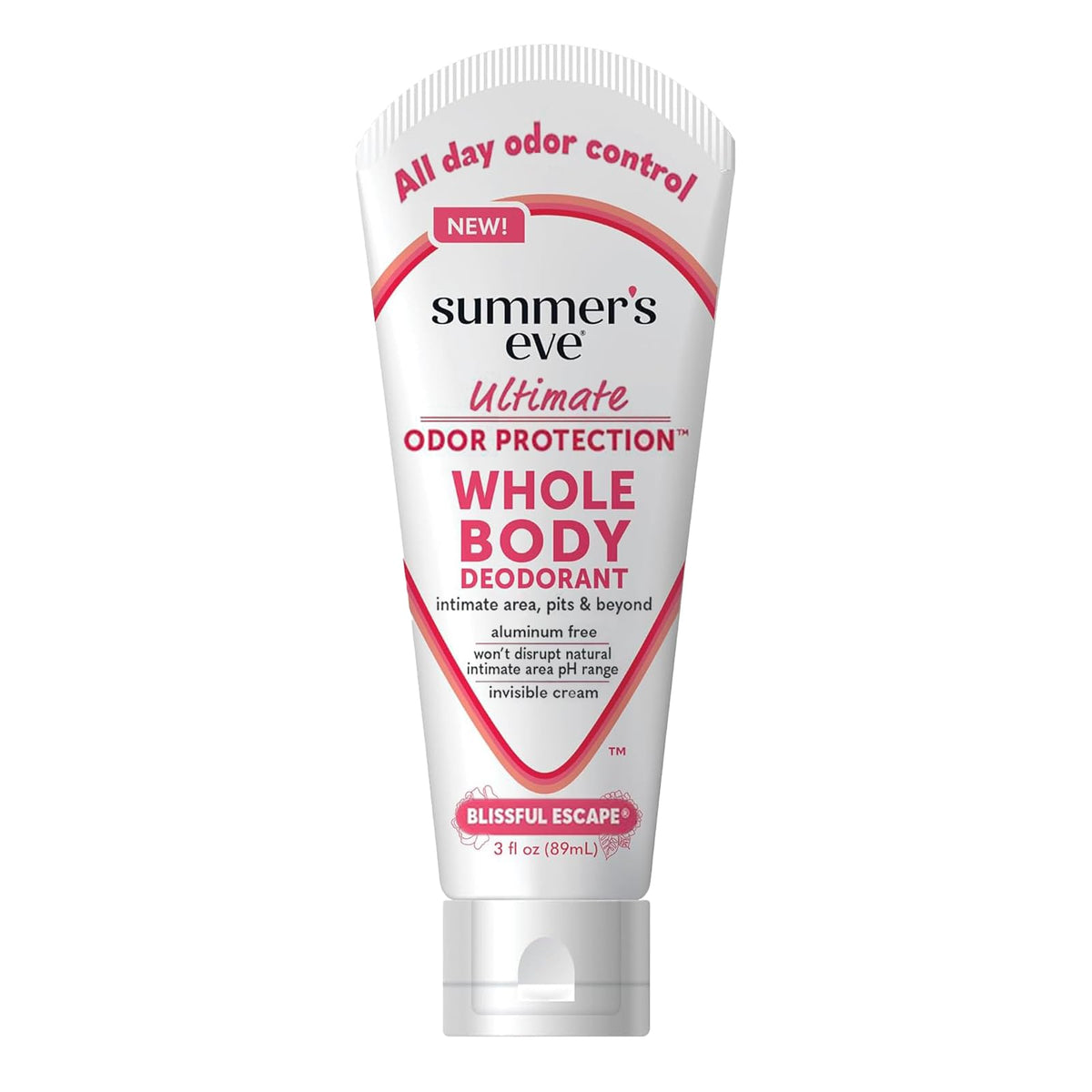 Summer's Eve Blissful Escape bottle pour demonstrates quick-drying, travel-ready deodorant.