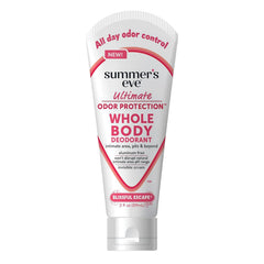 Summer's Eve Blissful Escape bottle pour demonstrates quick-drying, travel-ready deodorant.