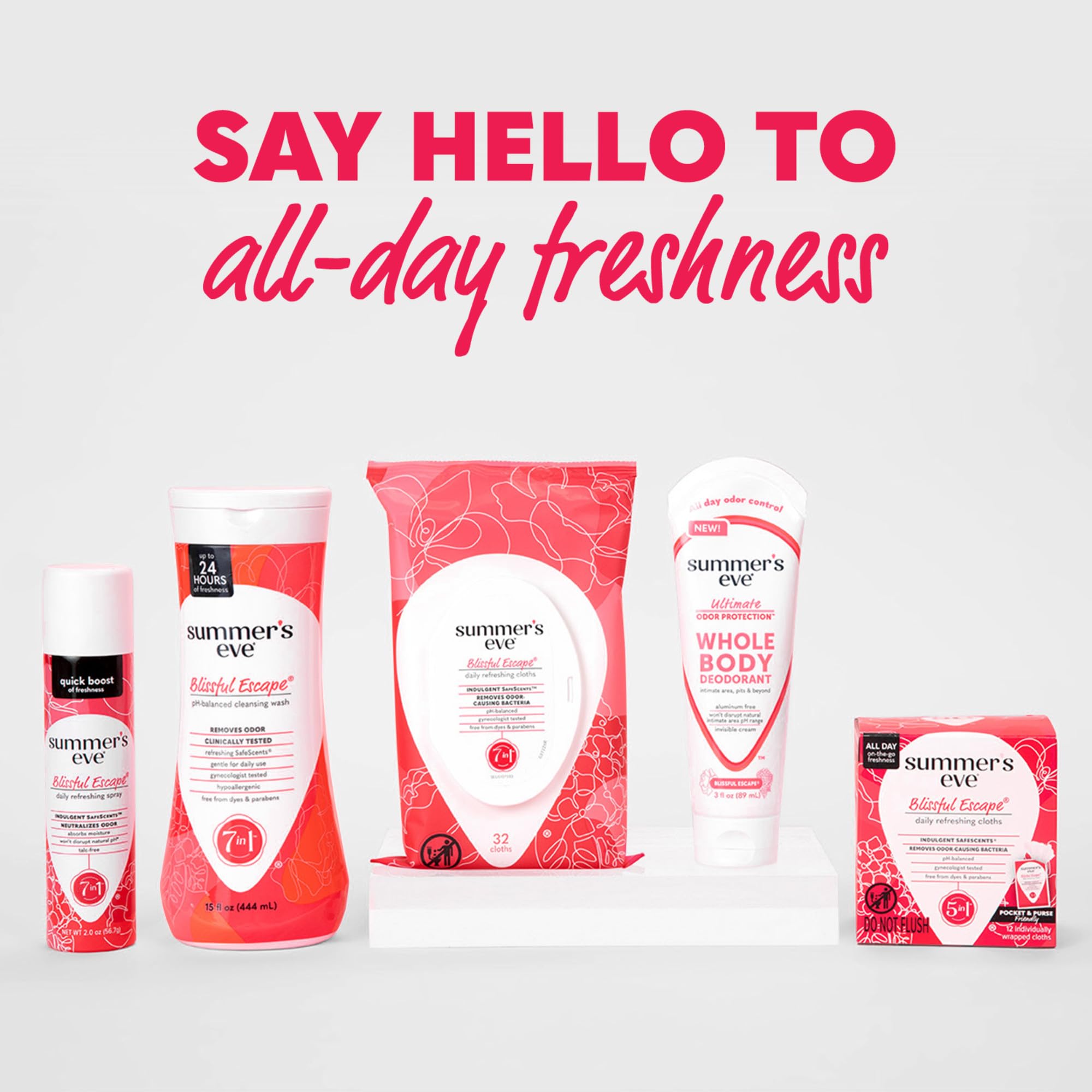 Summer's Eve Blissful Escape tested label highlights dermatologist and gynecologist validation.