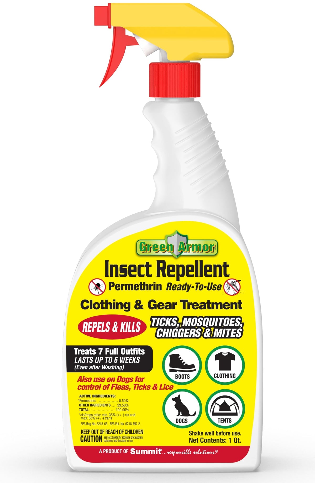 Summit Green Armor permethrin RTU bottle pour: easy outdoor protection for clothing