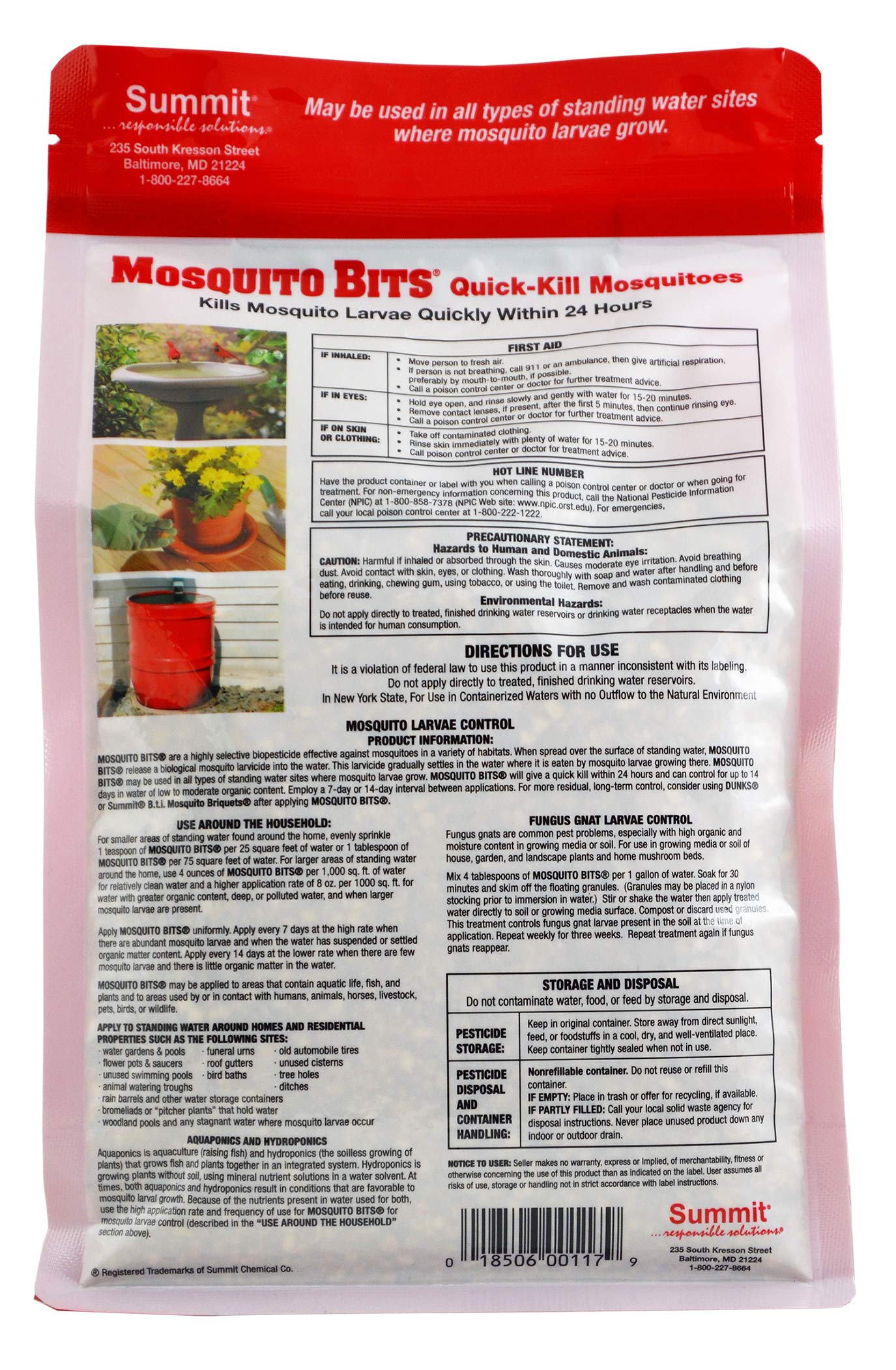 Summit Mosquito Bits bottle closeup demonstrates contents and dosage for easy use.