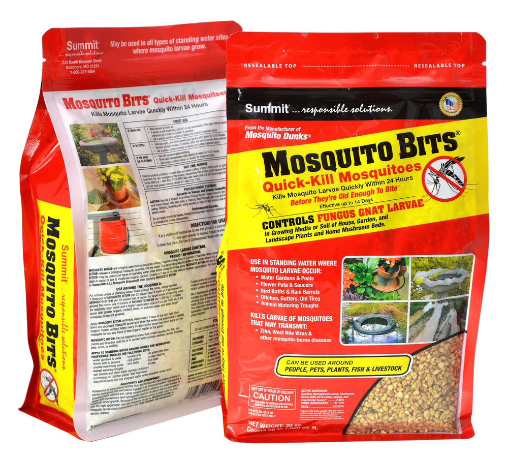 Summit Mosquito Bits dispense action highlights quick mixing into breeding sites.