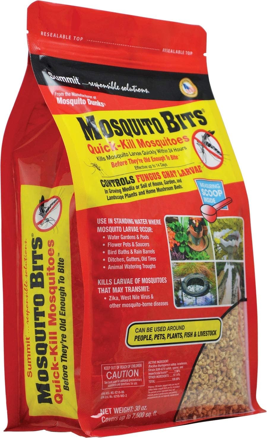 Summit Mosquito Bits water-application shows granules dispersing in standing water.