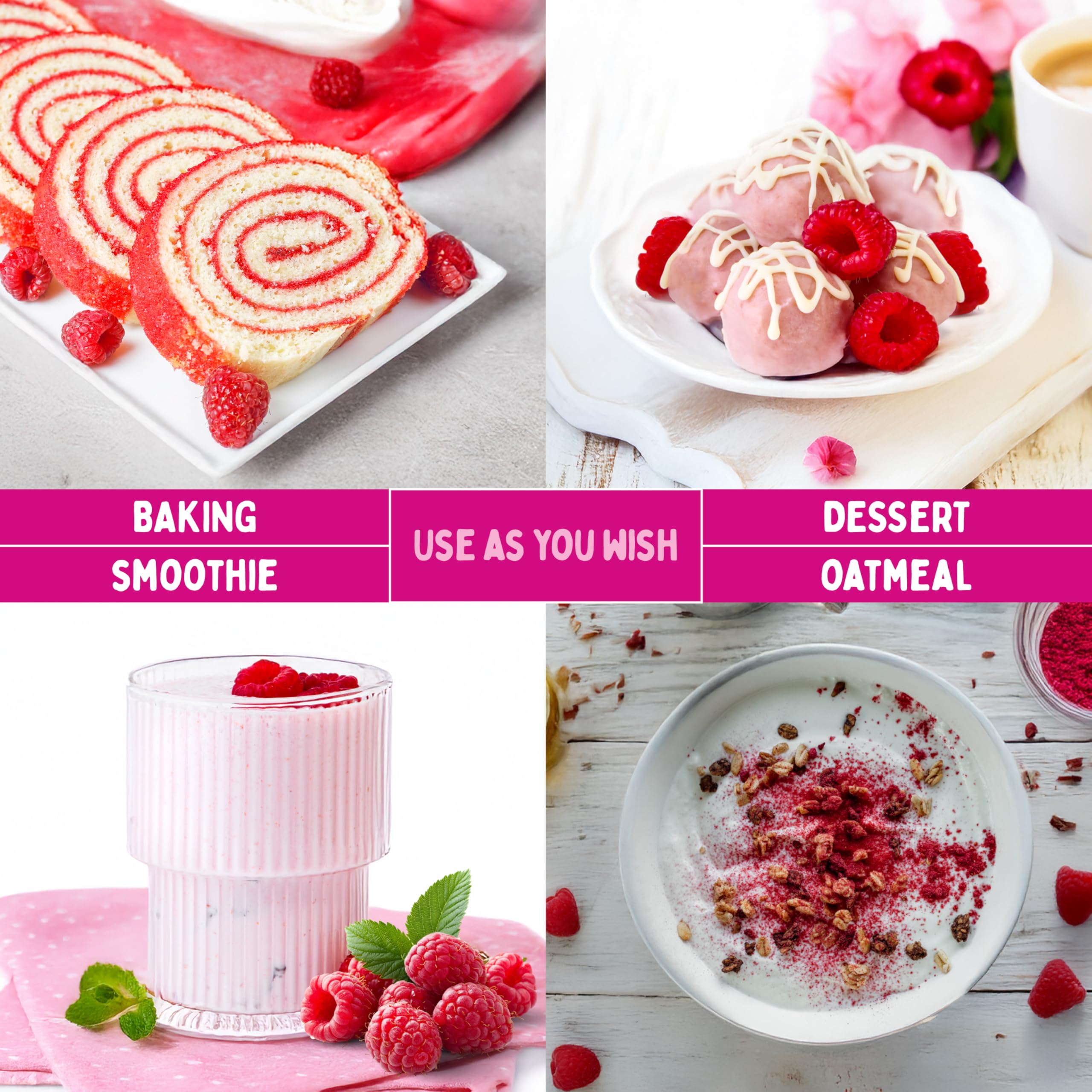 SUMMMER raspberry powder highlights gluten-free and vegan attributes