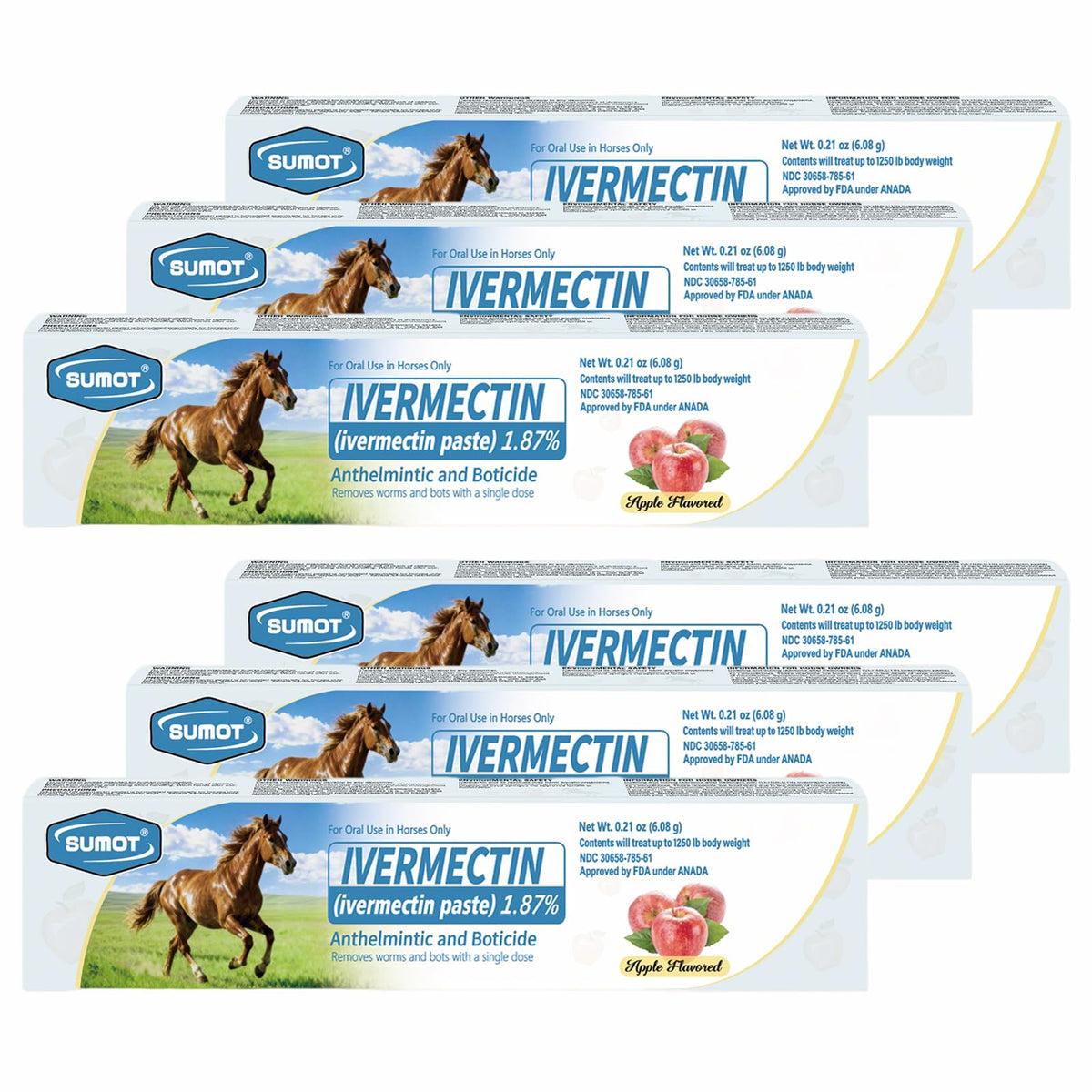 SUMOT 6 pack box of ivermectin horse paste for convenient routine deworming