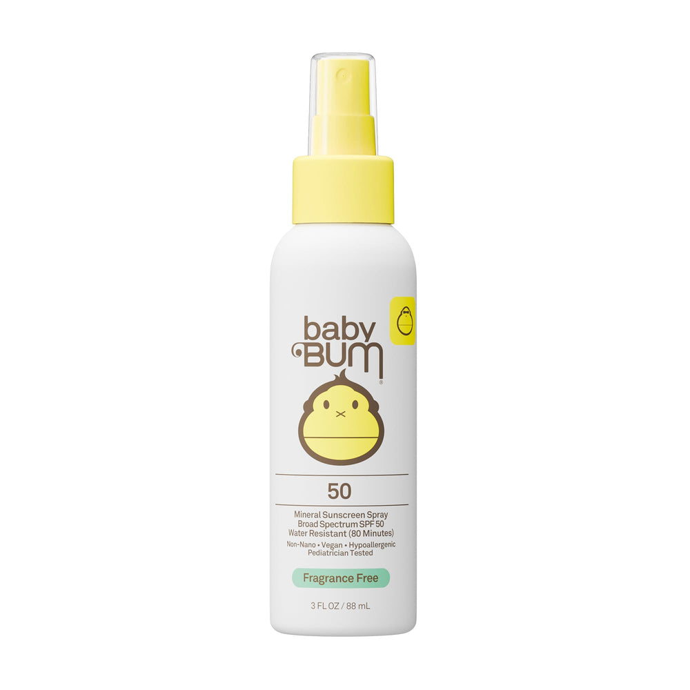 Sun Bum Baby Bum SPF 50 spray packaging shows travel-friendly sun protection.