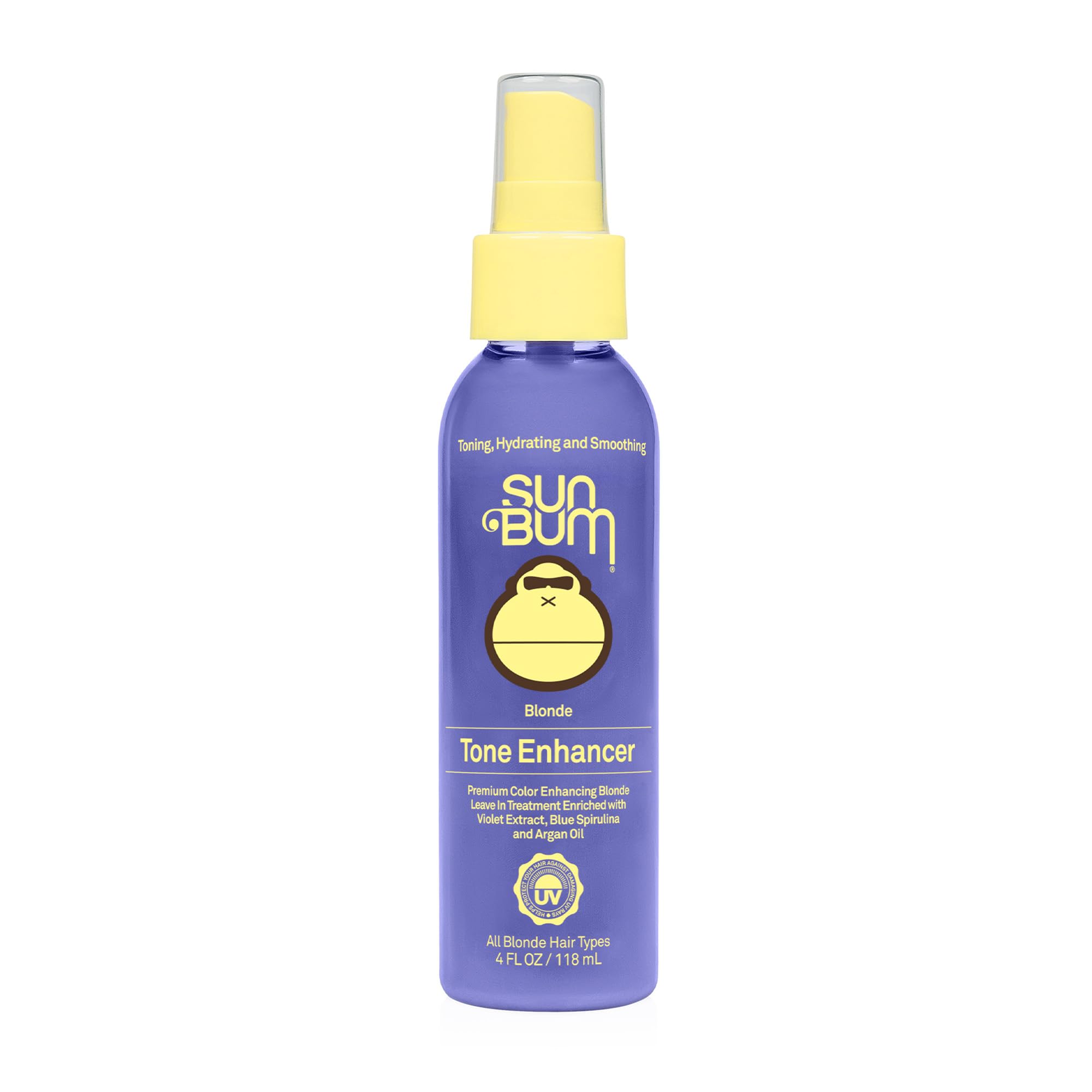 Sun Bum Blonde Tone Enhancer bottle showing violet extract and blue spirulina for cooler blonde tones