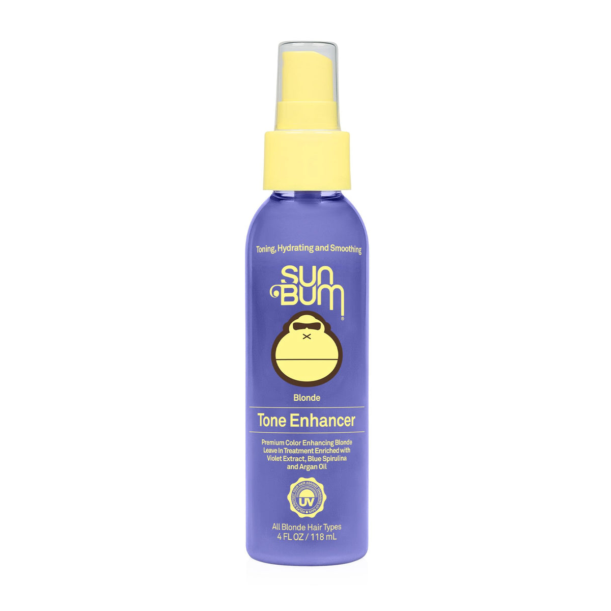Sun Bum Blonde Tone Enhancer bottle showing violet extract and blue spirulina for cooler blonde tones