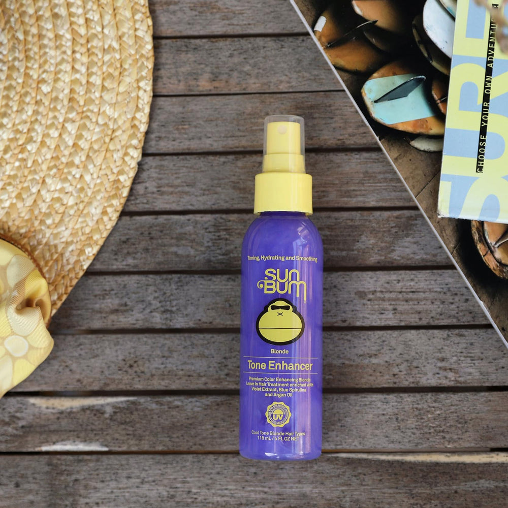 Sun Bum Blonde Tone Enhancer supports color retention in blonde hair
