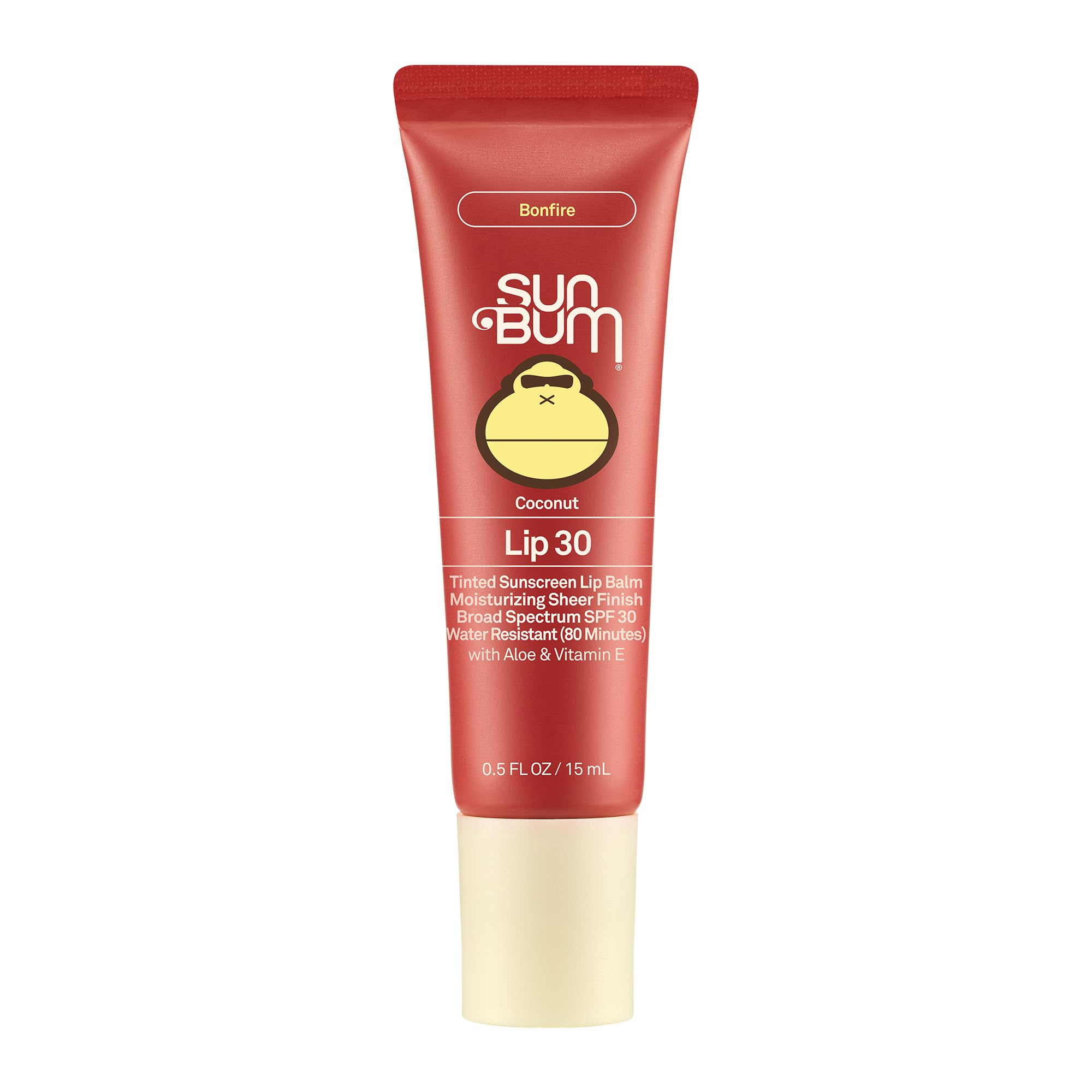 Sun Bum Bonfire tinted lip balm coconut packaging with SPF 30 protection and vegan formula.