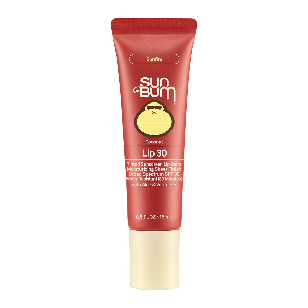 Sun Bum Bonfire tinted lip balm coconut packaging with SPF 30 protection and vegan formula.