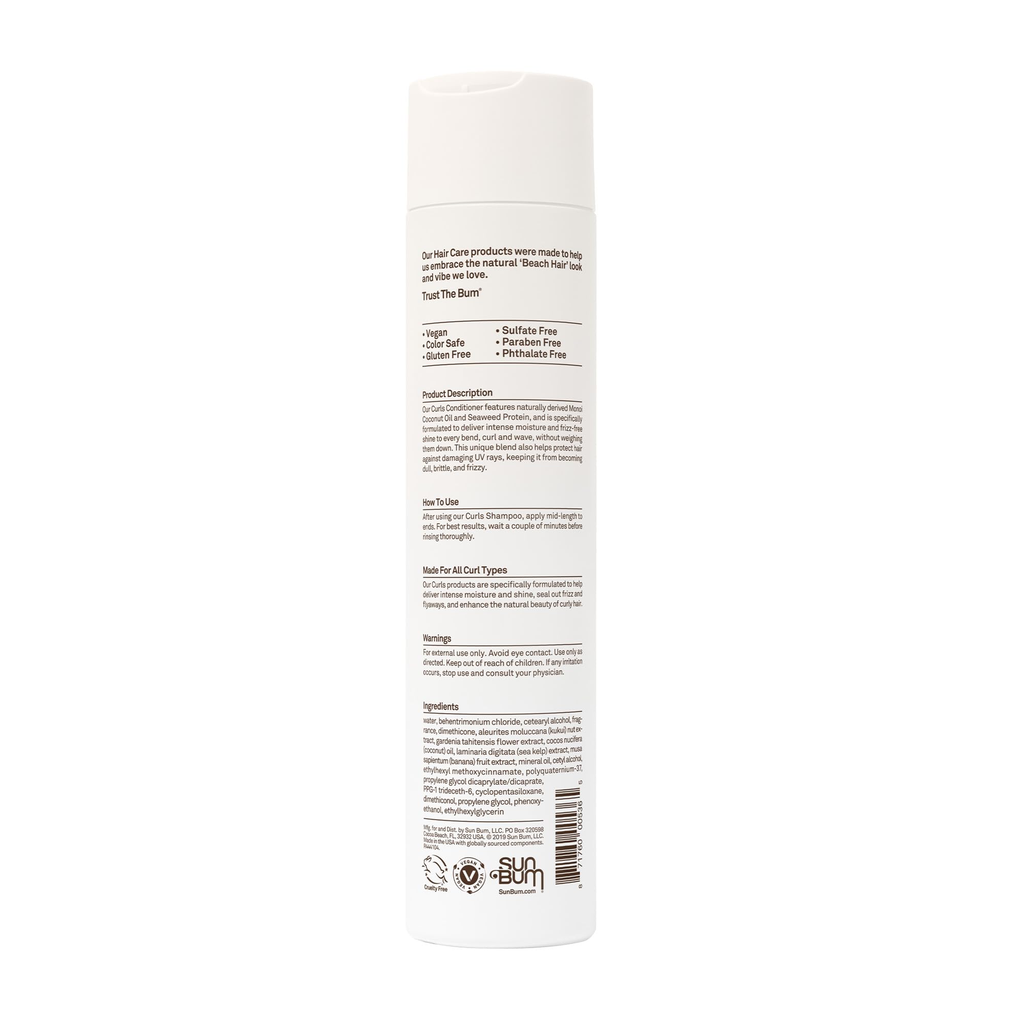Sun Bum Curls Conditioner ingredients-monoi-coconut-seaweed focus on nutrient-rich formula.