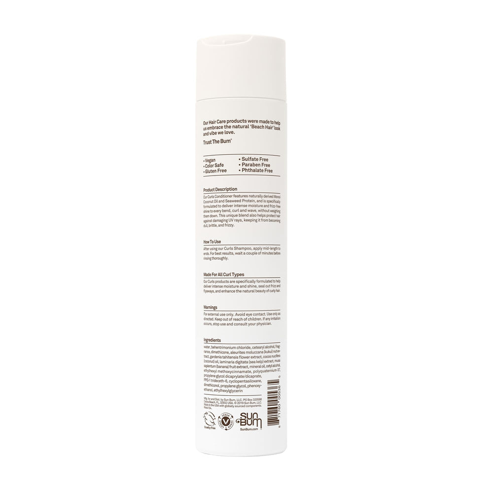 Sun Bum Curls Conditioner ingredients-monoi-coconut-seaweed focus on nutrient-rich formula.