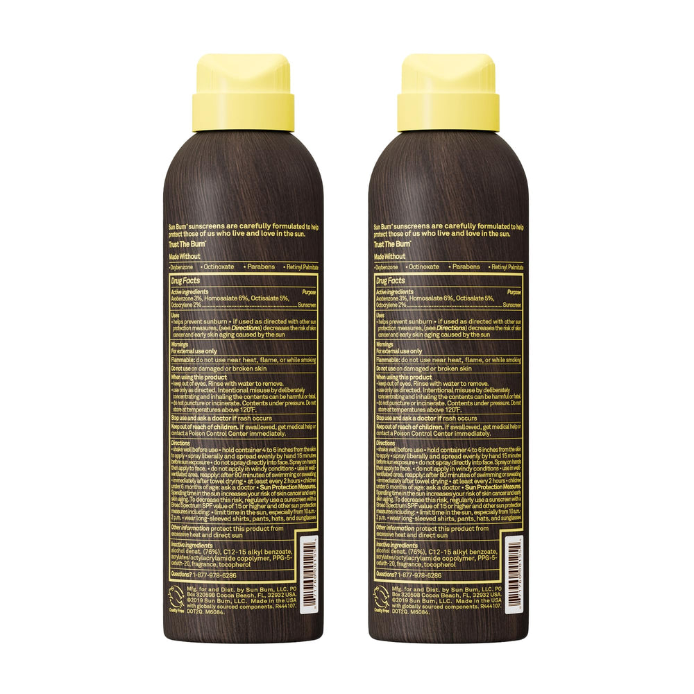 Sun Bum Original SPF 15 sunscreen spray packaging supports easy reapplication.