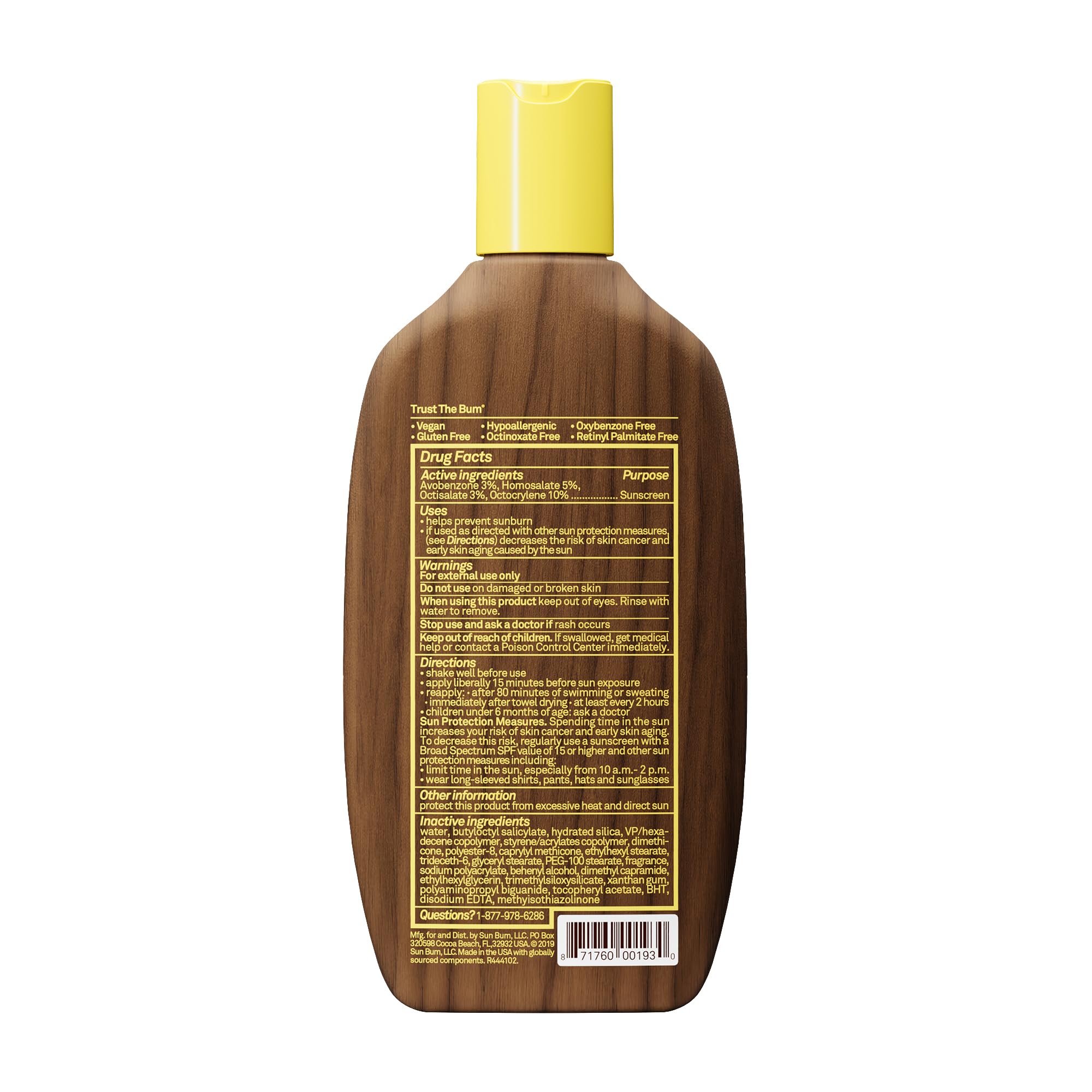 Dermatologist-approved Sun Bum sunscreen formulation label