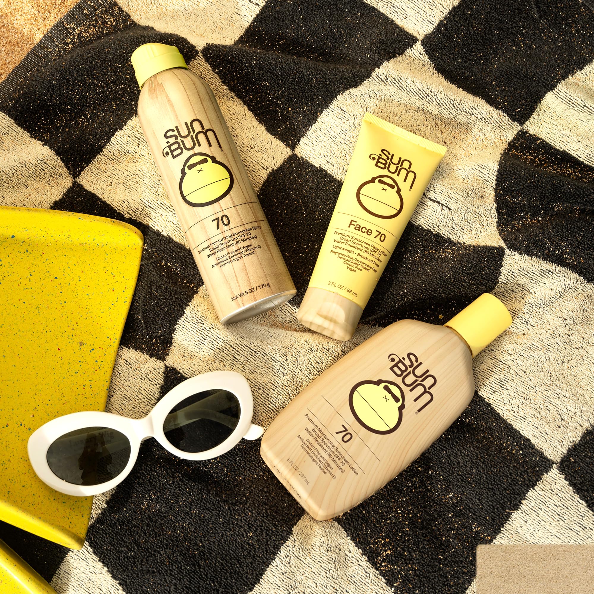 Sun Bum Original SPF 70 face lotion travel-size packaging for on-the-go protection.