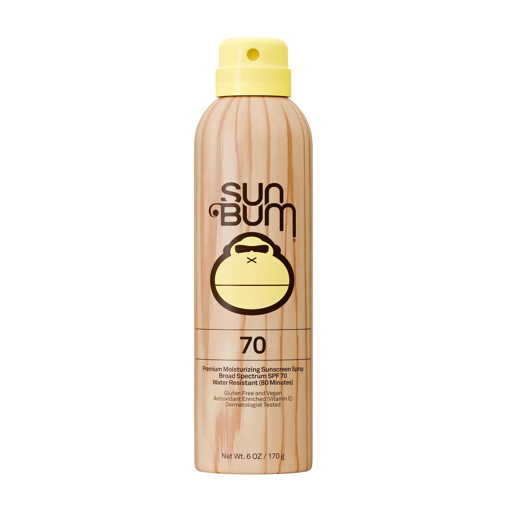 Sun Bum Original SPF 70 spray bottle shown for easy coverage.