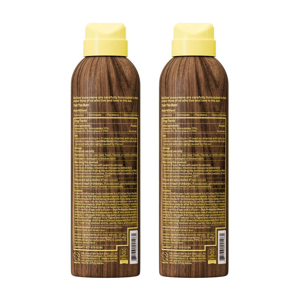 Pack of two Sun Bum SPF 30 sprays for home and travel.
