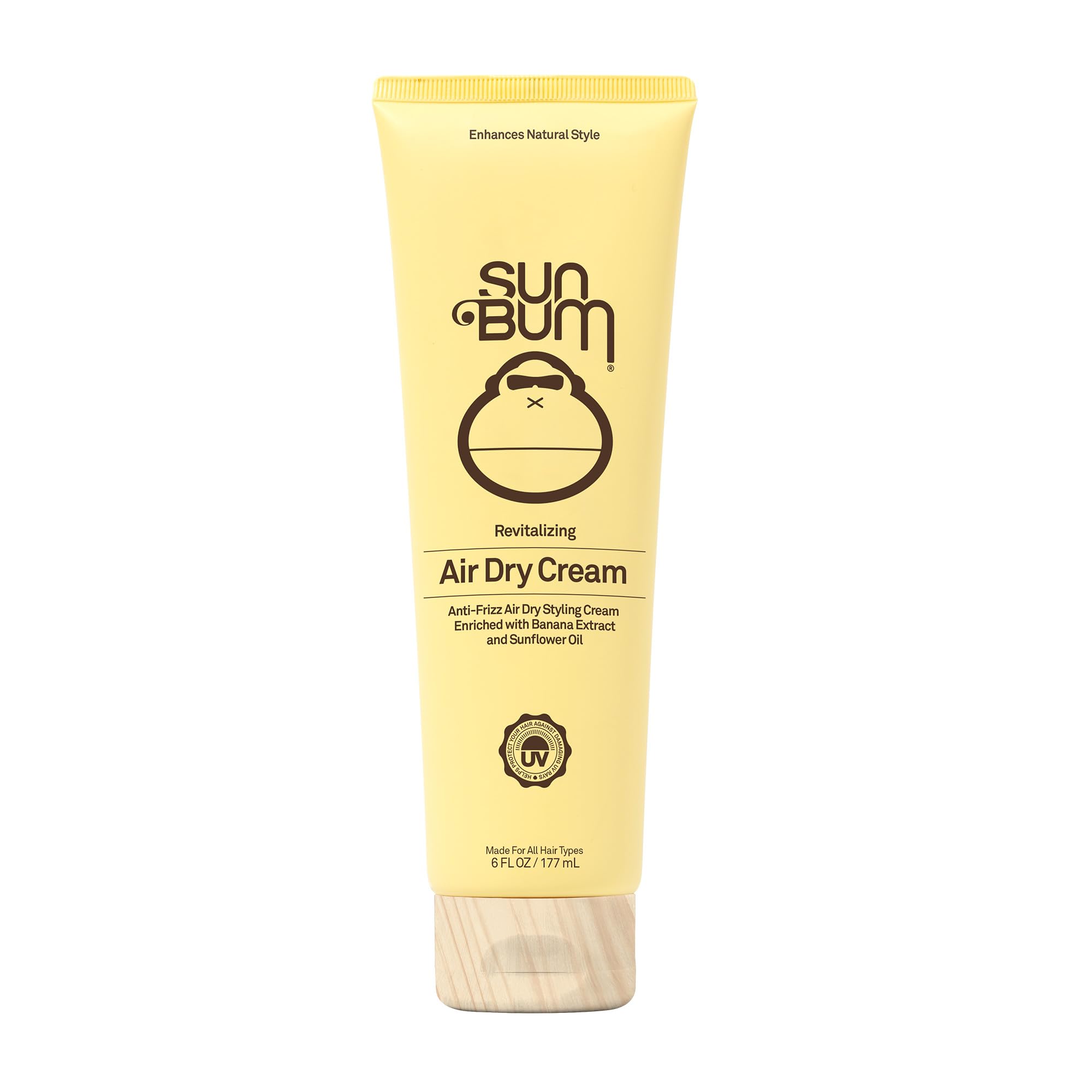 Sun Bum Revitalizing Air Dry Cream bottle shows frizz control for smooth air-dried hair