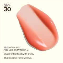 Sun Bum Sunset Cove tinted lip balm showing aloe and vitamin E nourishment.